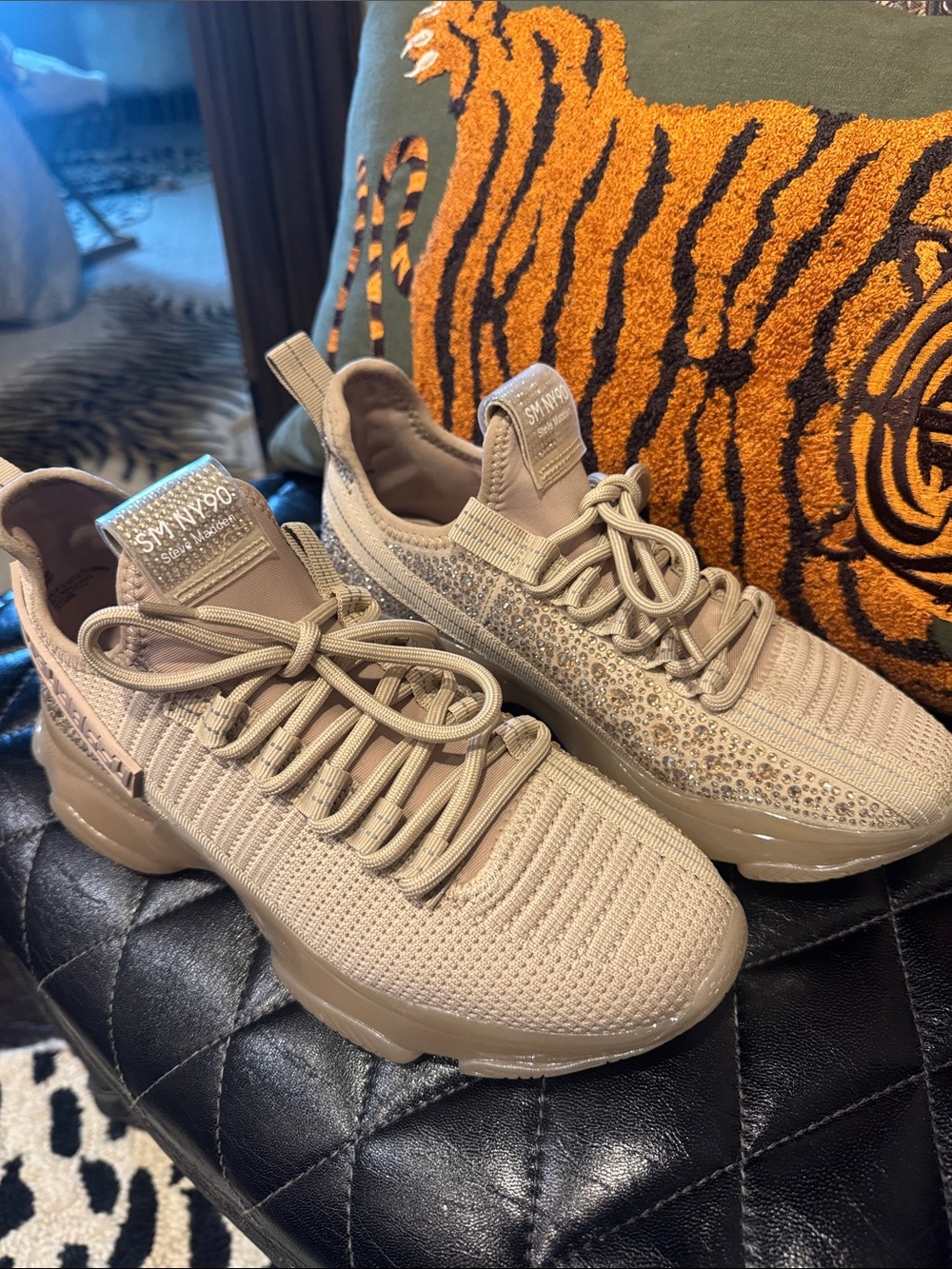 Steve Madden Beige Knit Sneaker with Rhinestone Accent